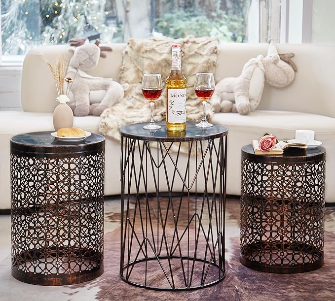 Y&M Set of 3 Meatal Round Side Tables, Multifunctional Coffee Table End Table for Indoor, Outdoor Garden Stool-Black with Bronze