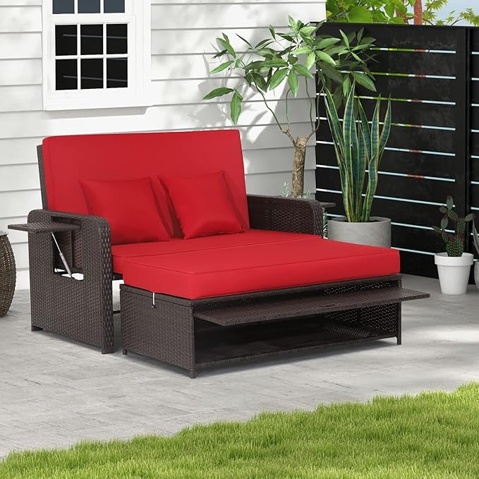 COSTWAY Patio Rattan Daybed with Cushions, Outdoor Wicker Loveseat Sofa with Storage Ottoman - Photo 2