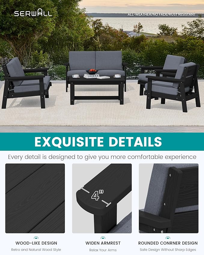 SERWALL HDPE Patio Furniture Set, 5 Piece All Weather Wood-Like Sectional Outdoor Furniture Set - Photo 5