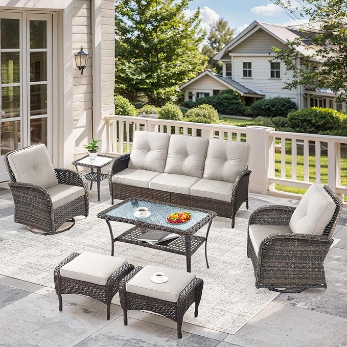 7 Pieces Outdoor Patio Furniture-Swivel Patio Chairs Set of 2 Outdoor Wicker Rattan Sofa Couch with Ottoman Outdoor - Photo 1