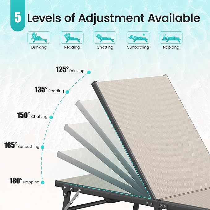 Amopatio Foldable Patio Lounge Chair, Portable Pool Chaise Lounges, Heavy Duty Iron Frame, Breathable Textilene,Weather Resistant, 5-Position Adjustable Backrest, 400 LBS Capacity,Khaki