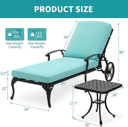 HOMEFUN Chaise Lounge Chair Outdoor - Poolside Chairs Set of 2 with Cushion and 1 Patio Side Table Cast Aluminum Waterproof Lounger with Wheels and Adjustable Reclining (Cyan Cushion)