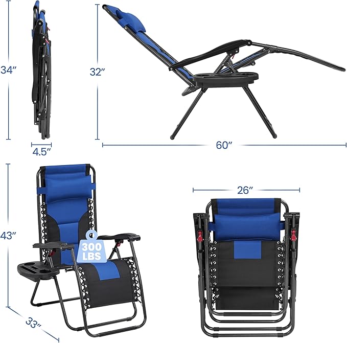 Yaheetech Padded Zero Gravity Recliner, Foldable Outdoor Patio Chairs, Adjustable Anti Gravity Lounger for Backyard Camping w/Carry Strap, Cup Holder, Pillow Navy Blue/Black Set of 2