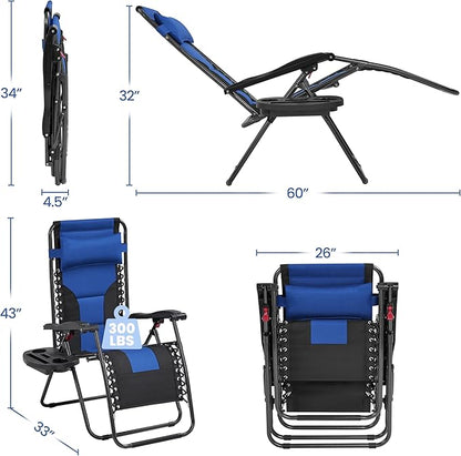 Yaheetech Padded Zero Gravity Recliner, Foldable Outdoor Patio Chairs, Adjustable Anti Gravity Lounger for Backyard Camping w/Carry Strap, Cup Holder, Pillow Navy Blue/Black Set of 2