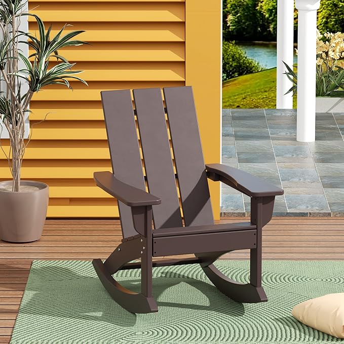 WestinTrends Ashore Patio Rocking Chair, All Weather Poly Lumber Plank Adirondack Rocker Chair, Modern Farmhouse Outdoor Rocking Chairs for Porch Garden Backyard and Indoor, Dark Brown