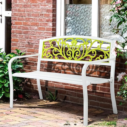 50 Inch Metal Garden Bench for Outdoor Patio, Powder Coated Steel Bench with PVC Backrest & Armrests, Rust-Resistant Park Bench for Yard, Pathway, or Deck – Supports 400 lbs (White + Green)