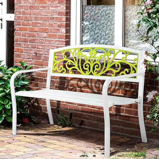 50 Inch Metal Garden Bench for Outdoor Patio, Powder Coated Steel Bench with PVC Backrest & Armrests, Rust-Resistant Park Bench for Yard, Pathway, or Deck – Supports 400 lbs (White + Green)
