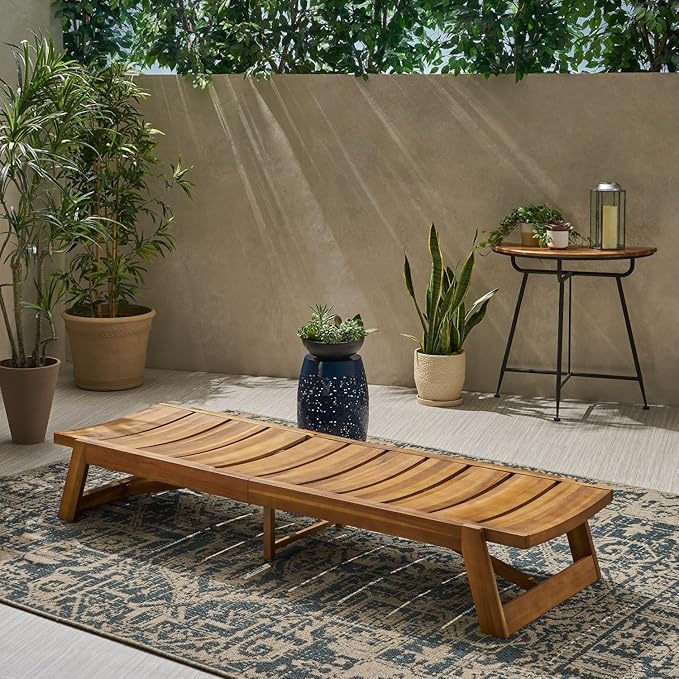 Maki Acacia Wood & Iron Outdoor Chaise Lounge - Adjustable & Breathable for Poolside or Patio