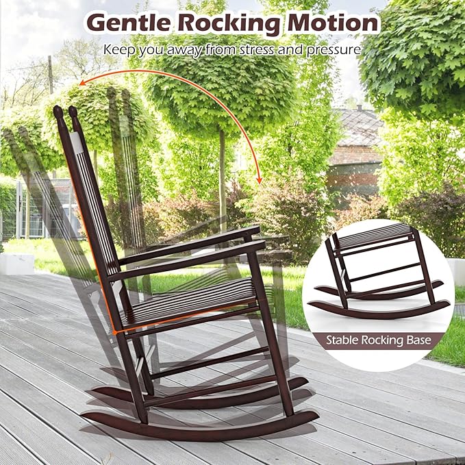 Giantex Outdoor Rocking Chair Set of 2, All Weather Patio Rocker w/Solid Rocking Base & High-Back, Slatted Seat & Back, Acacia Wood Porch Rocker, Wooden Patio Rocking Chair for Backyard, Brown