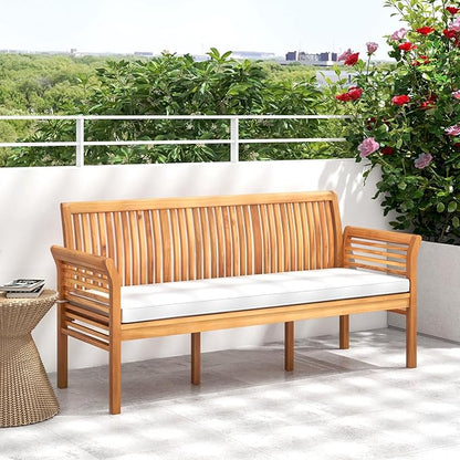 COSTWAY Wooden Outdoor Bench with White Cushion, Garden Bench with Curved Armrest & Slatted Back for Patio, Park & Porch, 23”x 62.5”x30.5”