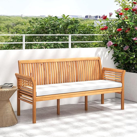 COSTWAY Wooden Outdoor Bench with White Cushion, Garden Bench with Curved Armrest & Slatted Back for Patio, Park & Porch, 23”x 62.5”x30.5”