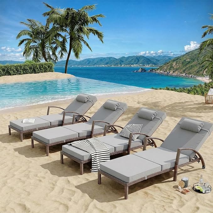 GarveeHome Outdoor Chaise Lounge Set of 2, Weather-Resistant PE Rattan Recliners with 5 Adjustable Positions, Wheels, Armrests, Cushions & Pillows, Collapsible for Poolside, Deck, Gray Cushion