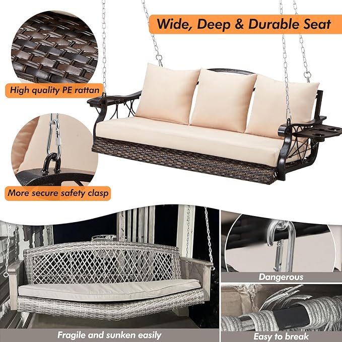 3-Person Wicker Porch Swing Chair Heavy Duty 900 LBS Outdoor Rattan Patio Swing Chair w/Cup-Holder & Steel Chains - Photo 2