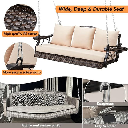 3-Person Wicker Porch Swing Chair Heavy Duty 900 LBS Outdoor Rattan Patio Swing Chair w/Cup-Holder & Steel Chains Hanging Bench Porch Swing Cushions for Deck & Backyard & Garden