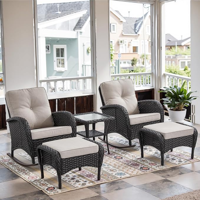 Belord Patio Rocking Chairs Furniture Set - 5 Piece Outdoor Wicker Furniture Sets with Ottomans - Photo 1
