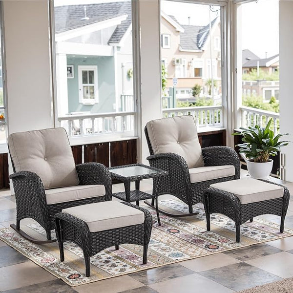 Belord Patio Rocking Chairs Furniture Set - 5 Piece Outdoor Wicker Furniture Sets with Ottomans - Photo 1
