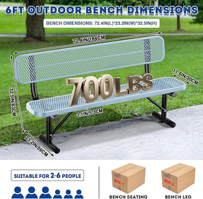 Heavy Duty Park Bench for Outside, Metal Park Bench with Back Portable Frame, Outdoor Steel Mesh Garden Bench with Backrest for Garden, Lawn, Patio, Porch, Park, Yard (Grey, 6FT/73INCH)