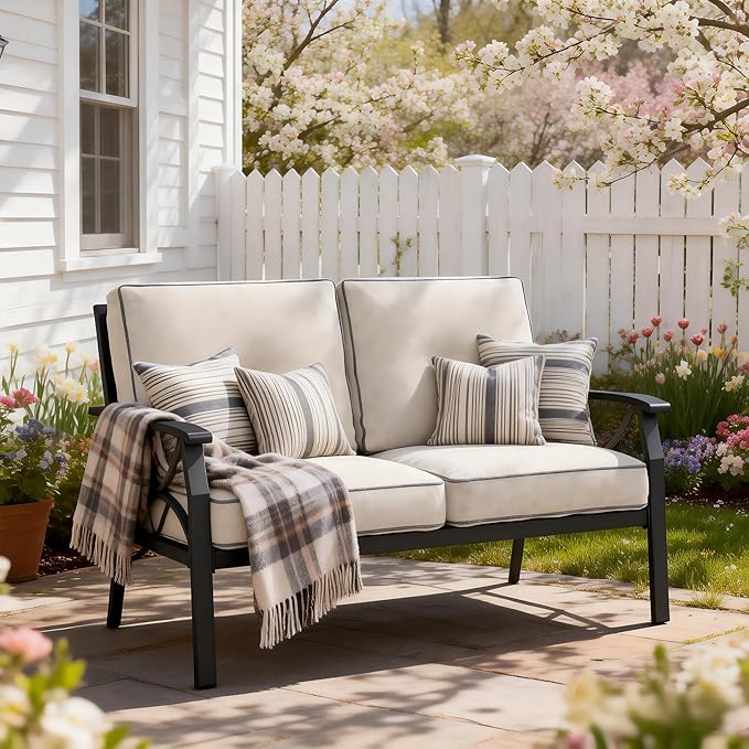 RoyalCraft Patio Loveseat, All-Weather Outdoor 2 Seats Sofa Couch, Black Metal Furniture with Gray Cushions - Photo 7