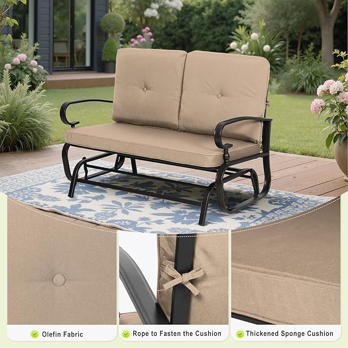 Outdoor Bench Patio Swing Glider Loveseat 2 Seats Rocking Chair, Wrought Iron Gliders for Outside Patio with Cushion (Brown)