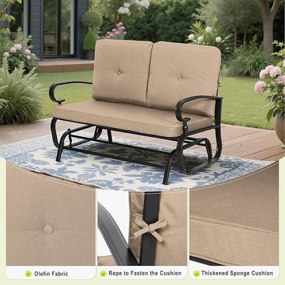 Outdoor Bench Patio Swing Glider Loveseat 2 Seats Rocking Chair, Wrought Iron Gliders for Outside Patio with Cushion (Brown)