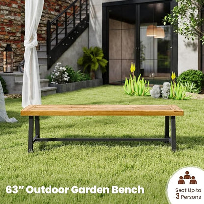 RELAX4LIFE 63’’ Outdoor Bench Acacia Wood - 3-Person Backless Patio Benches with Heavy Duty Metal Frame, Wooden Picnic Dining Garden Bench for Outside Backyard Park Porch, 800 LBS Weight Capacity (2)