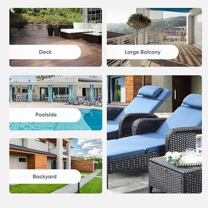 Belord Wicker Outdoor Chaise Lounge Patio Recliner - 75 Inch Adjustable Chaise Lounge with Soft Pillow Removable Cushions, All Weather Rattan Pool Lounge Chair for Poolside Deck - Gray/Blue