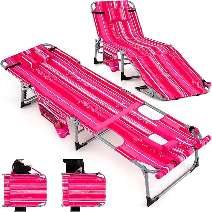 GYMAX Tanning Chair, 330LBS Beach Lounge w/Face Arm Hole & Shoulder Strap, Folding Layout Sunbath Chair, Face Down Outdoor Chaise Lounger for Patio, Poolside, Lawn, Backyard (1, Pink Stripe)