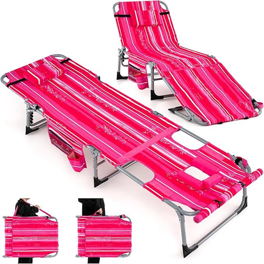 GYMAX Tanning Chair, 330LBS Beach Lounge w/Face Arm Hole & Shoulder Strap, Folding Layout Sunbath Chair, Face Down Outdoor Chaise Lounger for Patio, Poolside, Lawn, Backyard (1, Pink Stripe)