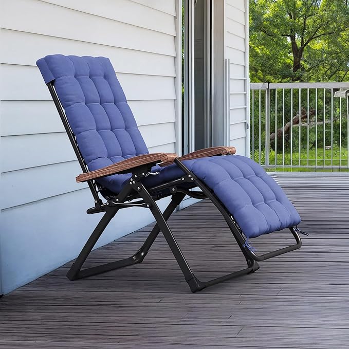PURPLE LEAF Outdoor Reclining Chair Patio Zero Gravity Chaise Lounge Folding Chair with Removable Cushion Adjustable Headrest for Lawn Camping Beach Pool Navy Blue