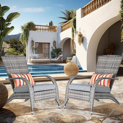 Outdoor Wicker Adirondack Chairs Set 2 Rattan Fire Pit Chairs Oversized Comfy Relax Accent Patio Chairs with Soft Cushion Low Deep Seating Tall Curved Backrest for Outside Backyard Deck Porch Grey
