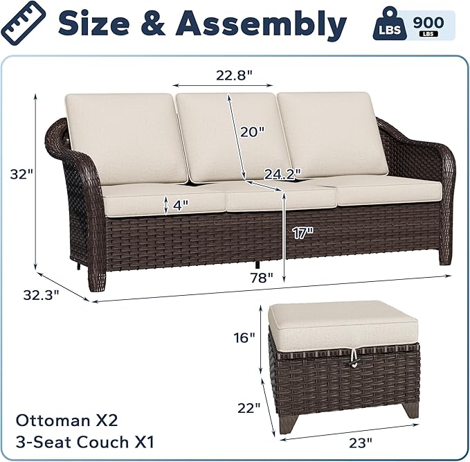 3 Pieces Patio sectional Sofa Set, Outdoor Conversation Furniture Set, 78" 3-Seat Couch with 2 Ottomans - Photo 2