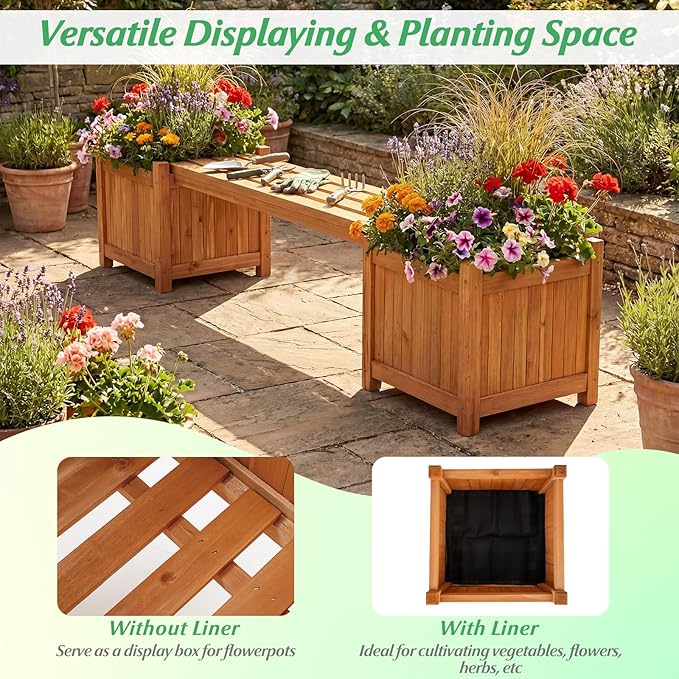 HAPPYGRILL 2-in-1 Outdoor Bench with 2 Raised Garden Beds, 2 Person Patio Bench with Teak Oil Finish, Open-Ended Base, Wooden Garden Bench for Flowerpots, Indoor Patio Yard Porch Decoration (2)