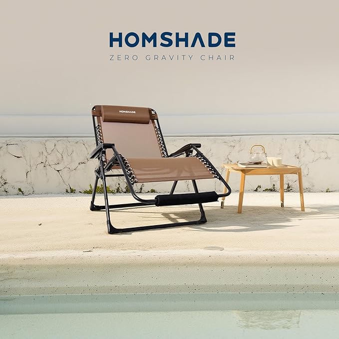 HOMSHADE XXL Zero Gravity Chair with Cushion, 33In Oversized Zero Gravity Lounge Chair, Patio Outdoor Recliner Chair for Indoor Outdoor with Headrest, Cup Holder, Footrest Support 500Lbs, Brown