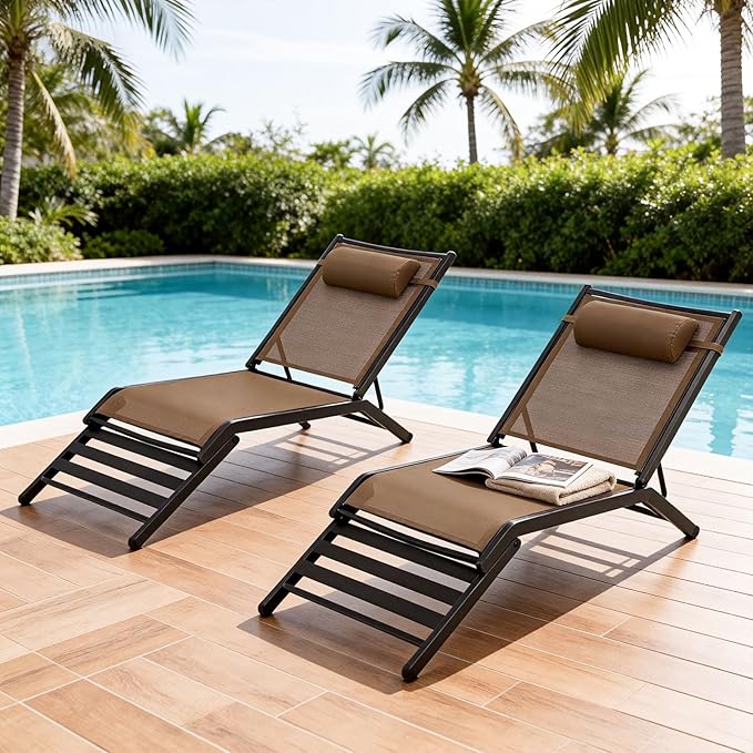 Chaise Lounge Outdoor Set of 2 Foldable Pool Lounge Chairs with Adjustable Back Assembly-Free Textilene Patio Tanning Chair for Deck Lawn Poolside Backyard