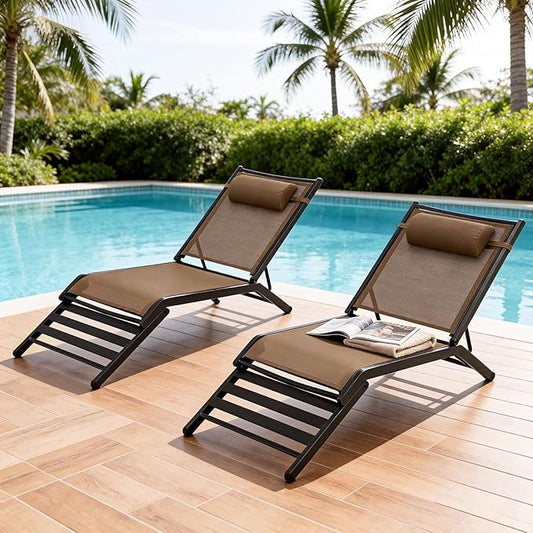 Chaise Lounge Outdoor Set of 2 Foldable Pool Lounge Chairs with Adjustable Back Assembly-Free Textilene Patio Tanning Chair for Deck Lawn Poolside Backyard