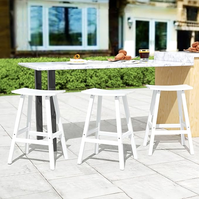 Costaelm All-Weather Bar Stools Set of 3, 29" Height Outdoor Bar Stools, Adirondack Poly Patio Bar Stool for Patio, Deck, Kitchen Counter and Garden, White