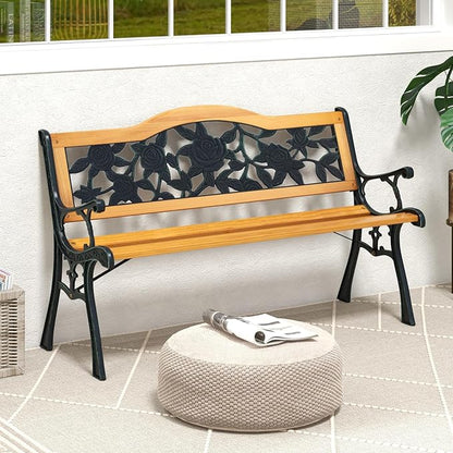 Giantex Outdoor Bench with Slatted Seat, Curved Armrests, Flower Pattern Backrest, 470 Lbs Capacity, Cast Iron Metal Patio Bench for Garden, Outside, Lawn, Porch, Yard, Park Bench