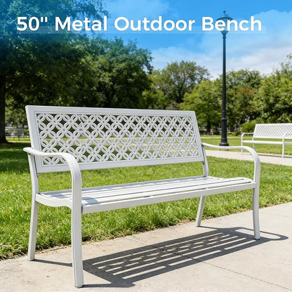 Grand patio 50" Garden Bench, Outdoor Benches with Anti-Rust Metal Powder Coated Frame, Patio Bench for Front Porch Park Outside Furniture Decor,White