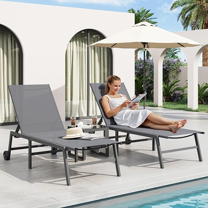 Amopatio 3 Piece Patio Lounge Chairs Set 2 Pool Chaise Lounges with Wheels and 1 Side Table 5-Position Adjustable Lounge Furniture with Heavy-Duty Steel for Backyard Poolside,400 LBS Capacity,Gray