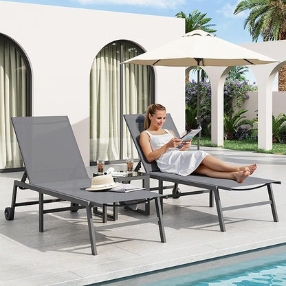 Amopatio 3 Piece Patio Lounge Chairs Set 2 Pool Chaise Lounges with Wheels and 1 Side Table 5-Position Adjustable Lounge Furniture with Heavy-Duty Steel for Backyard Poolside,400 LBS Capacity,Gray