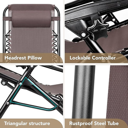 Devoko Patio Zero Gravity Chair Outdoor Folding Adjustable Reclining Chairs Pool Side Using Lawn Lounge Chair with Pillow Set of 2 (Brown)