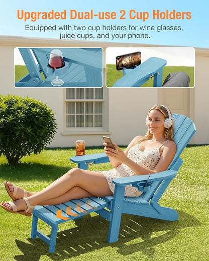 YEFU Adjustable Adirondack Chair with Retractable Ottoman Set of 6,Folding Adirondack Chair with 2 Cup-Holders, Outdoor Chairs with Footrest,Weather Resistant Fire Pit Chairs,for Patio Lawn(Blue)
