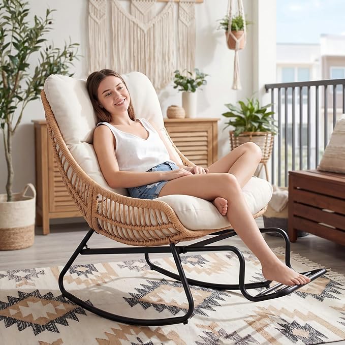 Outdoor Papasan Rocking Chair with Adjustable Footrest, Comfy Outdoor Lounge Chairs Heavy Duty Oversized Rocking Egg Chair Perfect for Patio Deck Garden and Indoor Use