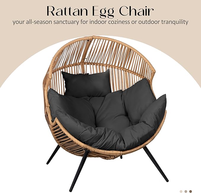 JAMFLY Wicker Egg Chair - Rattan Patio Chair with Cushion, Indoor-Outdoor Lounge Egg Basket Seat for Living Room - Photo 5