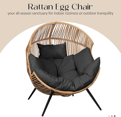 JAMFLY Wicker Egg Chair - Rattan Patio Chair with Cushion, Indoor-Outdoor Lounge Egg Basket Seat for Living Room, Bedroom, Patio, Backyard, Balcony (Grey/Beige)