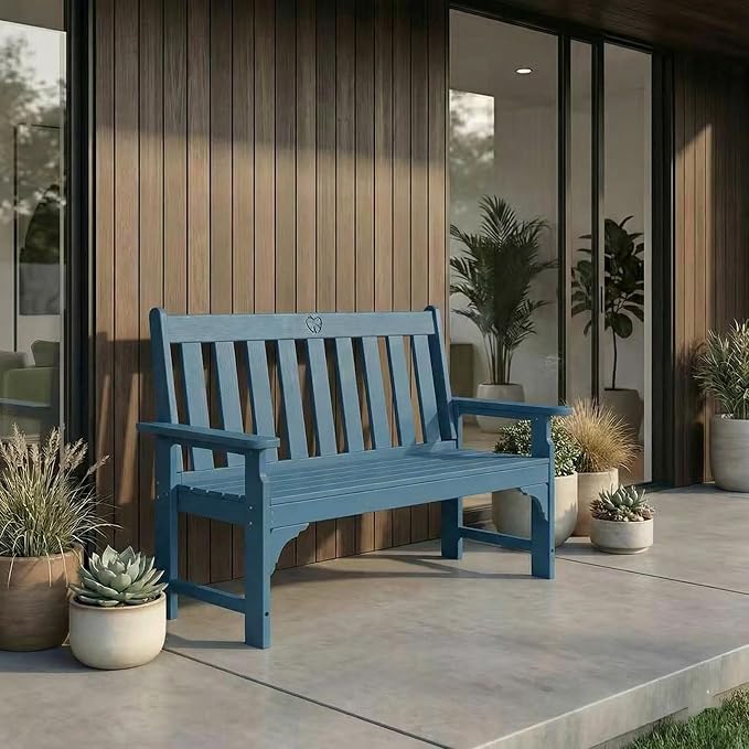 2-Person Outdoor Garden Bench, HDPE All-Weather Patio Bench with Backrest & Armrests, Heavy Duty Outdoor Seating for Porch, Backyard & Park, 660 lbs (Navy Blue, 1 Bench)