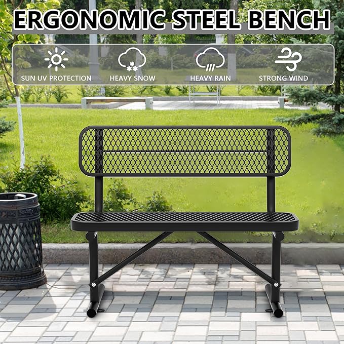 4FT Park Benches for Outside, Garden Benches Weatherproof with Backrest - Heavy-Duty Metal Bench for Patio Porch Backyard School Sports Church Locker Room Bench Commercial-Grade Seating