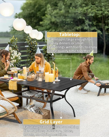Outvita Outdoor Patio Table for 6 Person, Black Rectangular Metal Frame Patio Classic Dining Table with 1.65" Adjustable Umbrella Hole for Garden Lawn Backyard Deck, 60" L x 35" W x 29" H