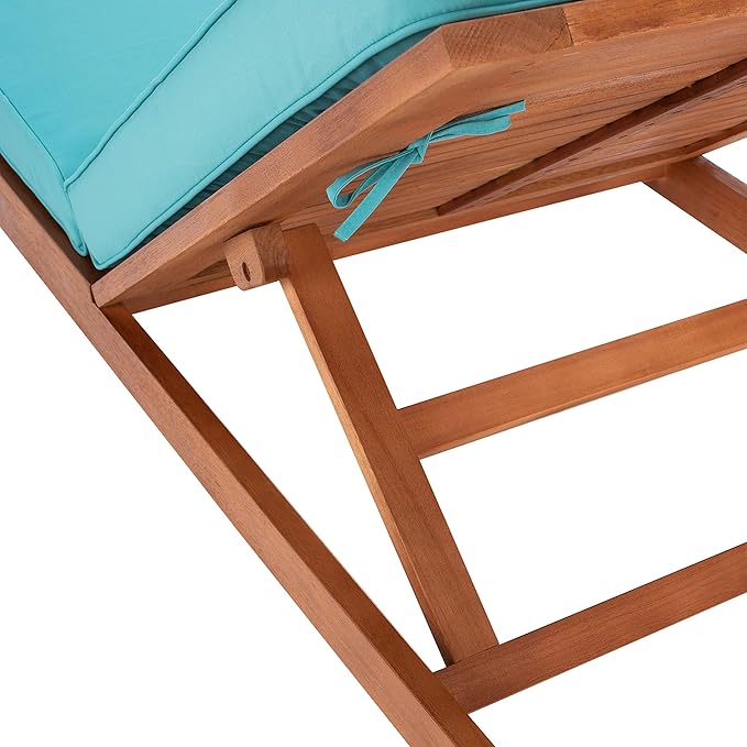 SAFAVIEH Outdoor Collection Solano Natural Brown Solid Wood/Aqua Blue Cushion Patio Adjustable Chaise Lounge Chair - Photo 7
