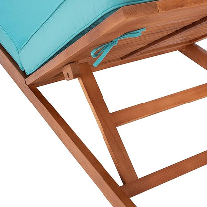 SAFAVIEH Outdoor Collection Solano Natural Brown Solid Wood/Aqua Blue Cushion Patio Adjustable Chaise Lounge Chair (PAT7024Q)